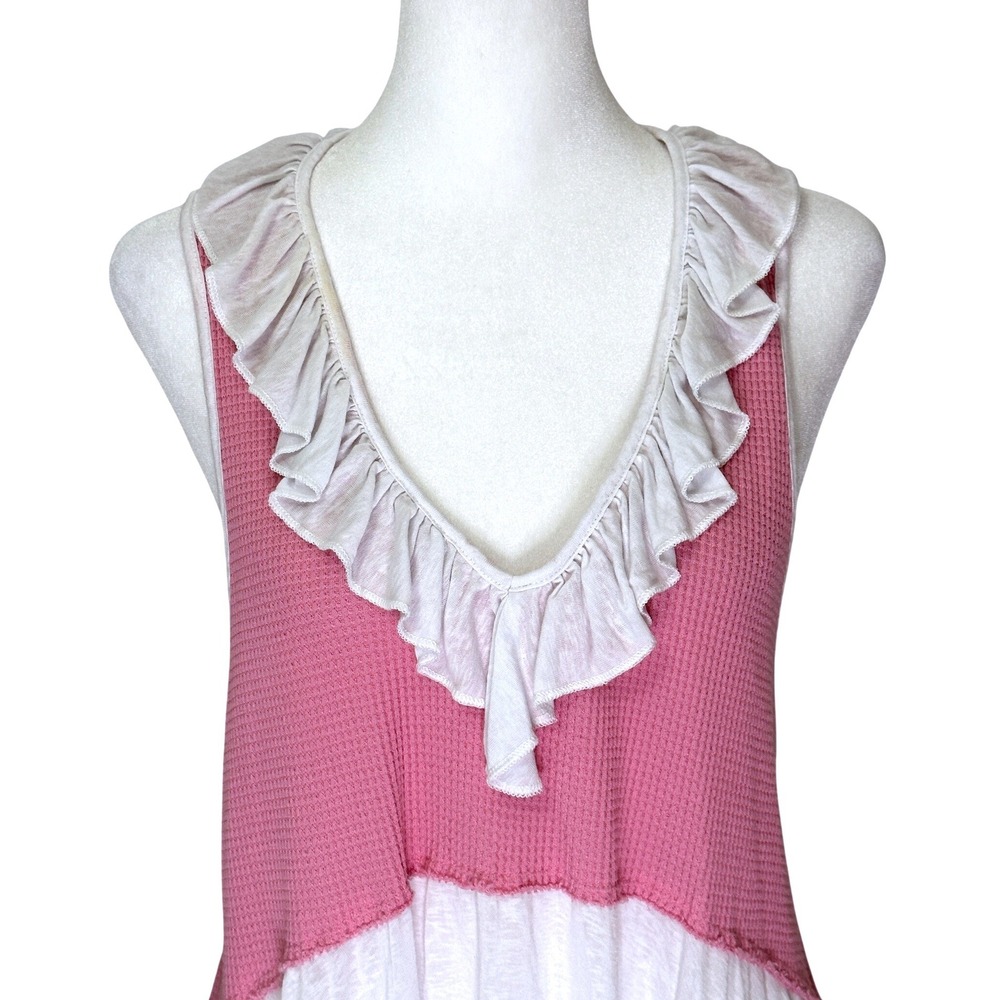 POL Waffle Knit Tank Top Women Medium Pink White Ruffle Tiered Boho FKT554 - Picture 5 of 11